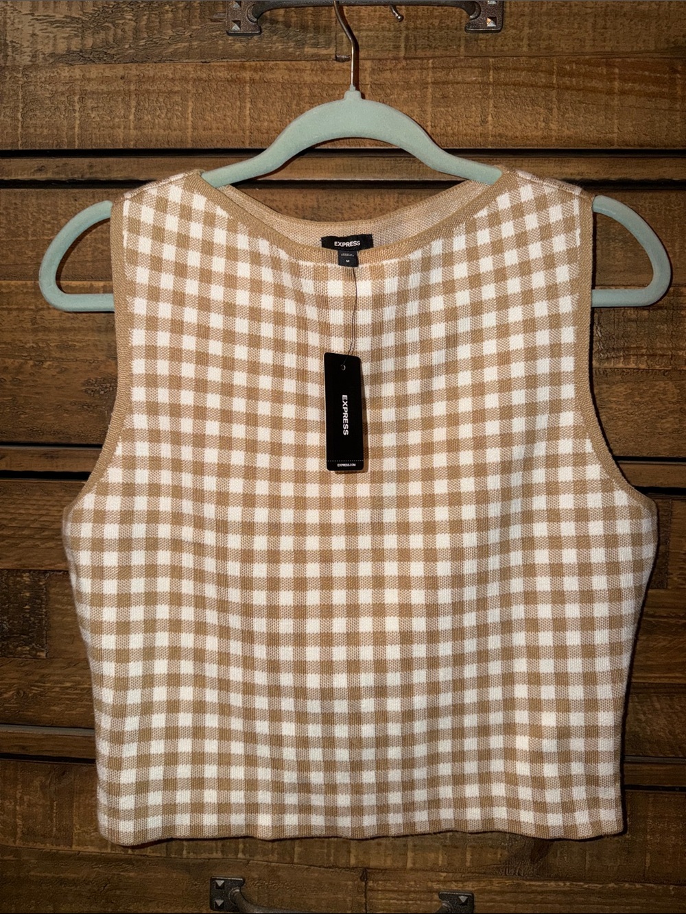 Express Tan and White Gingham Sleeveless Knit Tank